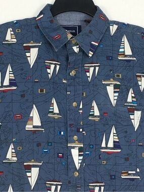 Vintage Cordova 100% Cotton Blue Sailboat Button Down Short Sleeve Shirt Medium